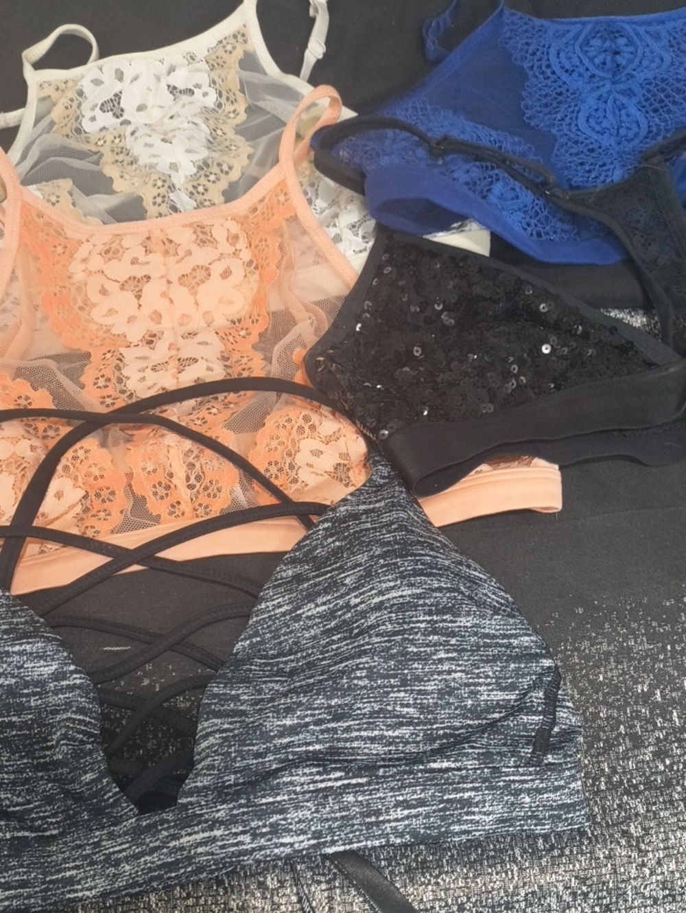 Victoria's Secret Lace & Mesh Bralette Mix in Peach, Blue, Black, Heather Gray